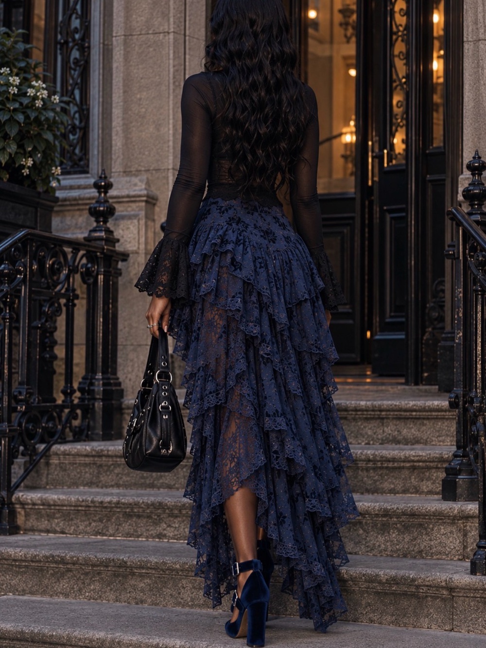 Indigo Navy Lace Tiered Ruffle Heels by Indigo